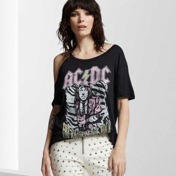 New Recycled Karma AC/DC The Razors Edge Tour Cold Shoulder Tee - Picture 3 of 7